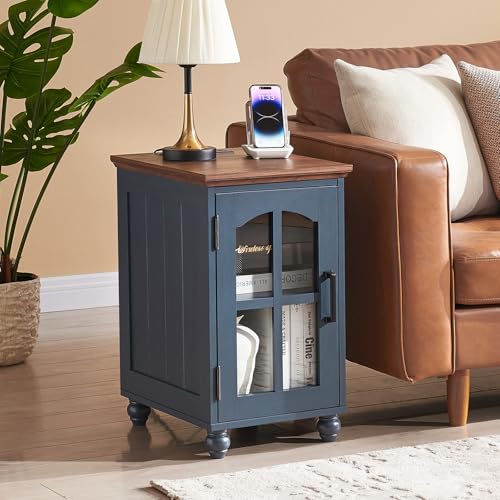 Narrow Side Table Set of 2, Farmhouse Nightstand with Charging Station | End Tables with Glass Barn Door, Cabinet Organizer with Adjustable Shelf, Night Stand for Small Spaces Living Room Bedroom - color: Blue, size: Set 2