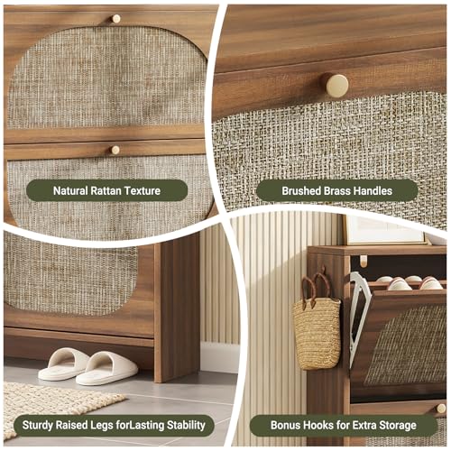 Freestanding Ultra Slim Fluted Accent Shoe Storage Cabinet for Entryway - 4 Flip Drawers & 3-Tier Adjustable Shelves, Farmhouse Modern Rustic Shoe Rack for Hallway, Foyer, Living Room - color: Smoked Oak