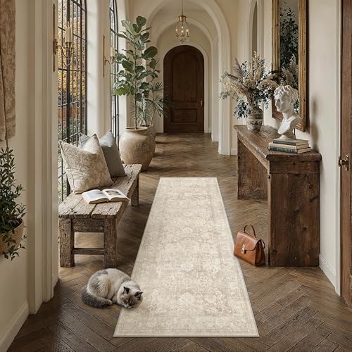 2x6 Beige Washable Runner Rug for Kitchen Vintage Distressed | Neutral, Non Slip, Soft Low Pile, Carpet for Hallway, Entryway, Laundry Room, Indoor Home Decor - color: Beige, size: 2' x 6' (Runner)