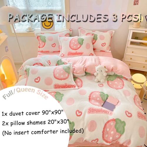 MorroMorn Pink Duvet Cover Queen, Strawberry Bedding Sets, Fluffy Comforter Covers Set, Down Alternative Blanket Ultra Soft Kawaii Cute for Girls Kids Teen Women Full Double Size - color: Pink Strawberry, size: Full/Queen