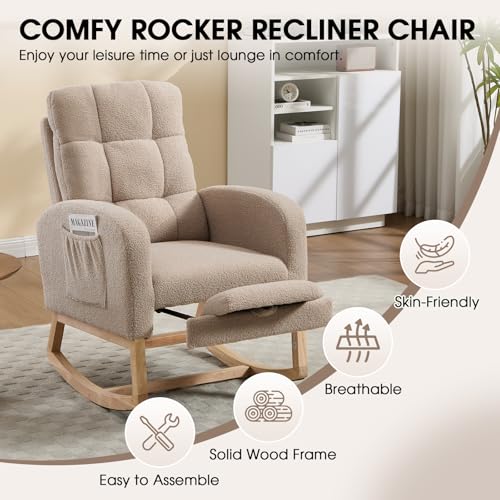 Rocking Chair Nursing, Rocker Chair with Footrest (Brown) | Teddy Boucle Upholstered Accent Reading Chair with High Back & Side Pocket for Living Room Bedroom Nursery Office - color: Brown
