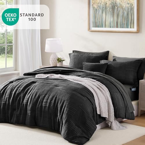 MaiRêve Full Size Comforter Set Crinkle Textured Black Bedding Set 7 Pieces | Boho All Season Bed in a Bag for Men with Comforter, Sheets, Pillowcases & Shams - color: Black, size: Full