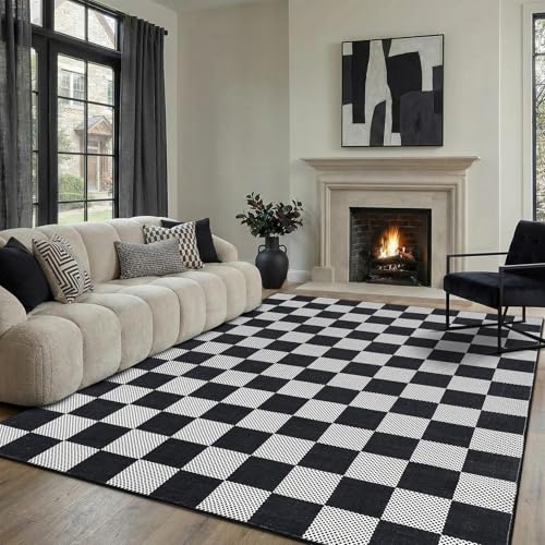 GarveeHome Checkered Black and White 6x9 Washable Rug Low-Pile for Bedroom | Non-Slip Black and White Soft Stain Resistant Rug for Bedroom Bathroom Living Room Geometric Modern Rug TPE Backing - color: Dark, size: 6' x 9' (Rectangular)