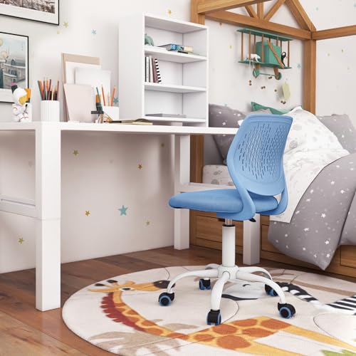 POWERSTONE Small Home Office Desk Chair, Swivel Rolling Study Computer Chair, Adjustable Height Task Chair with Armless Mid Back, Upholstered Mesh Seat, Blue - color: Blue