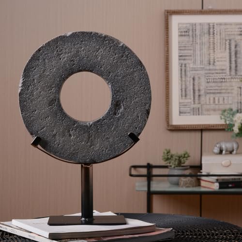 HAUCOZE Modern Home Decor Abstract Sculpture Table Centerpiece Art 13.8inch | Rustic Resin Statue with Metal Stand Ring Disc Ornament Screen Figurine Fashion Gift for Living Room Bedroom Office - size: 9.8x13.8inch