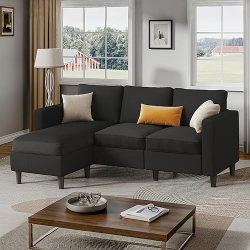 Shintenchi L Shaped Sectional Sofa Couch,Convertible Modular Sofas with Movable Ottoman,3-Seat Upholstered Corduroy Couch,Small Couches for Living Room,Apartment,Office(Black) - color: Dark Black/Corduroy