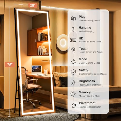 75" x 28" Full Length Mirror with Lights, LED Lighted Floor Standing Body Mirror, Dimmable & 3 Color Lighting for Bedroom, Cloakroom, Dressing Room, Tempered Glass, Black Frame - color: Black, size: 75"L x 28"W