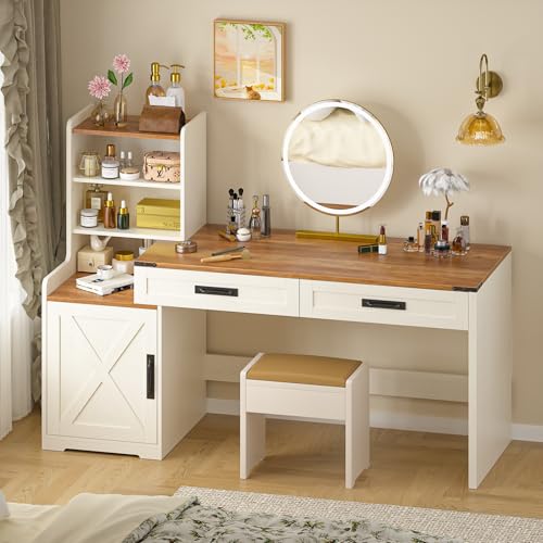 60" Computer Desk with Drawers & Bookshelves for Bedroom, Home Office | White Computer Desk with Bookcase & Drawers, Vanity Desk Writing Study Table with Storage, Antique White - color: Antique White