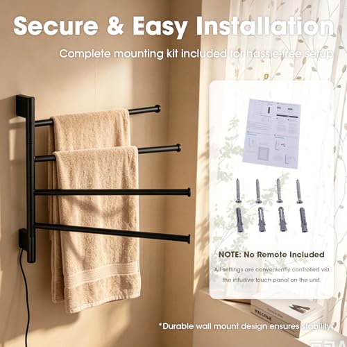 TRUSTMI 4-Swing Electric Towel Warmer with Timer, Matte Black | Rust-proof 304 SS warmer with carbon fiber heat, LED touch 24H timer, and 4 swing arms. Keeps bathroom towels dry - color: Matte Black