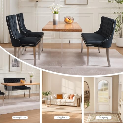 Black Velvet Dining Bench with Back, Tufted Banquette Seating, Silver Legs | Upholstered loveseat bench; tufted back; nailhead trim; 500 lb capacity; foam and spring seat; dining room or entryway - color: Black(silver Stainless Steel Legs)