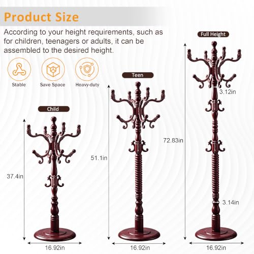 Heavy Duty Coat Rack Stand Freestanding Coat Tree for Small Space,mahogany | Birch Wood Main Pole,Multifunctional,14 Hooks and 1 Round Base,for Hallway,Bedrooms,3 Height Adjustable(48.8-72.3") - color: Mahogany