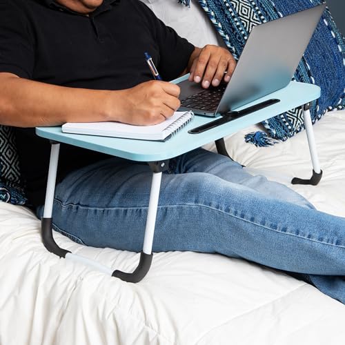 Mind Reader Lap Desk Laptop Stand, Bed Tray, Folding Legs, Couch Table, Portable, MDF, 23.25" L x 13.75" W x 10.5" H, Blue - color: Blue