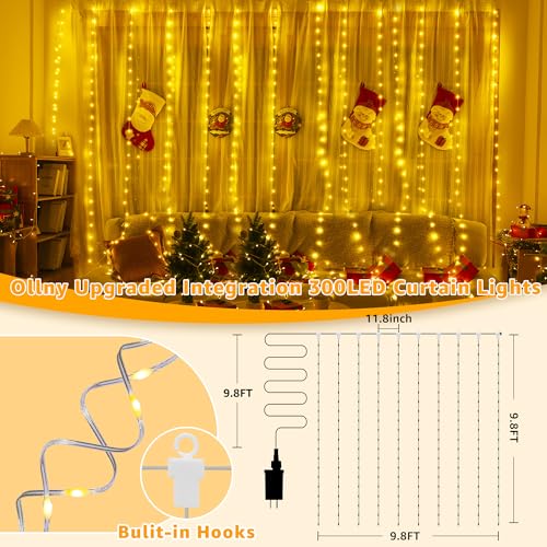 Ollny Curtain Lights 300LED 9.8ftx9.8ft, Connectable IP67 Waterproof Outdoor Curtain String Lights with Remote, Plug-in Untangle Fairy Lights with 8 Modes 3 Timers for Wall Backdrop Decor(Warm White) - color: Warm White, size: 9.8 ft