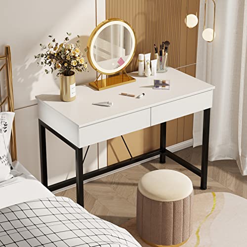 CAIYUN 40Inch Computer Desk with 2 Wooden Drawers, Small Desks for Home Office with Storage,Vanity Desk for Bedroom, Gaming Desk for Small Spaces, Simple Kids Study Writing Desk Table (White, Wooden) - color: White