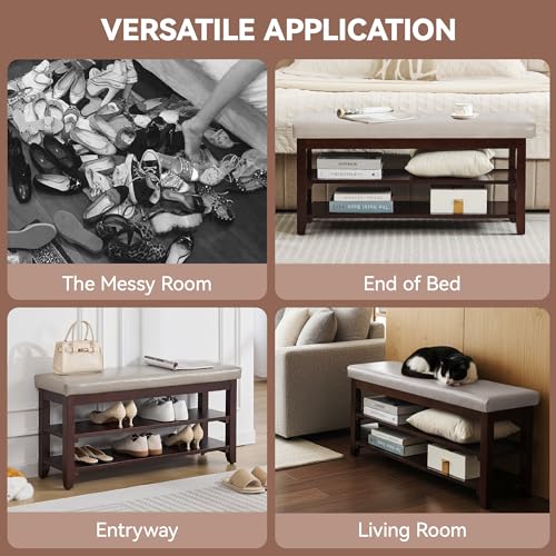40" Entryway Bench, Shoe Storage Bench, Grey | Leather Cushion, Shoe Rack, End of Bed Bench for Front Door Entrance, Mudroom - color: Grey