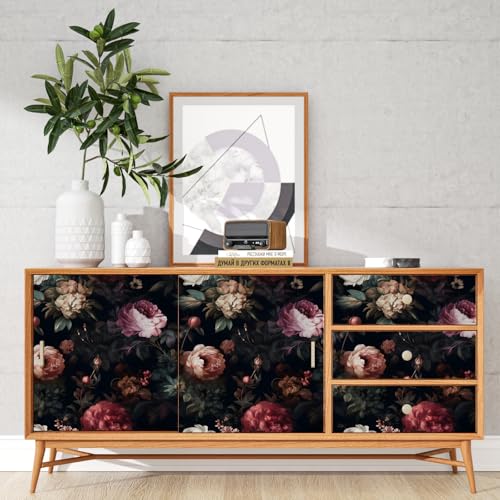 Black Vintage Floral Peel and Stick Wallpaper 17.5" x 118" | Waterproof Vinyl Self Adhesive Removable Renter Friendly Floral Contact Paper - color: Black, size: 17.5" x 118"