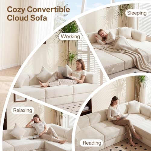 112" L Shaped Modular Sectional Sofa with Ottoman, Cloud Boneless Couch Deep Seat with 4 Pillows, Oversized Folding Sofa Bed Couches for Living Room Bedroom,No Assembly-White - color: Cream, size: 4 Seat