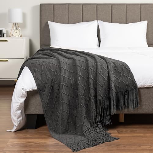 PAVILIA Dark Gray Knit Throw Blanket, Soft Knitted Farmhouse, 60x80 | Twin Bed, Lightweight Decorative Summer Fall Throw, Outdoor Textured Boho Blanket, For Couch Sofa Chair Living Room Bedroom - color: Charcoal Gray, size: 60 X 80 Inches - Twin