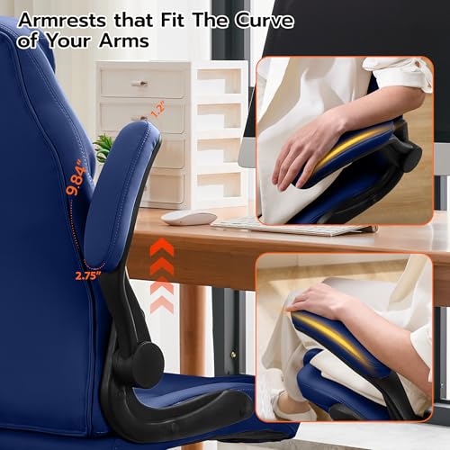 Ylzyxal Office Desk Chair, Ergonomic Computer Chair with Padded Flip-Up Arms and Adjustable Lumbar Support, PU Leather Executive Chair with Tilt Lock and 360° Swivel Rolling Wheels for Work, Study - color: Blue