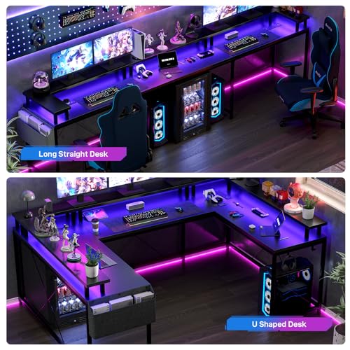 GarveeHome U Shaped Desk with Power Outlets & LED Lights, 79 in Reversible L Shaped Desk, Corner Computer Desk Office Desk with Full Monitor Stand, Black