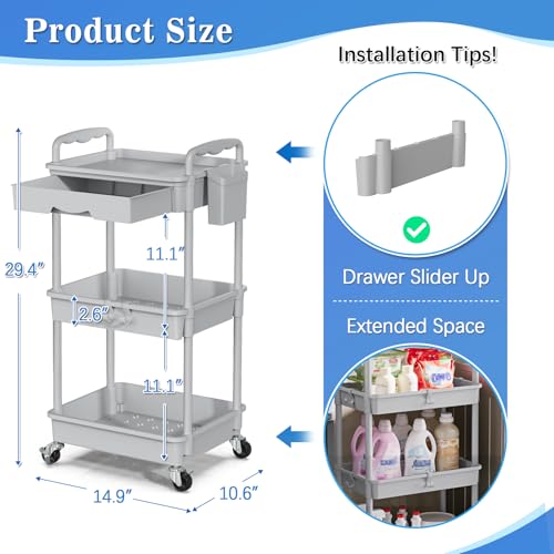 SUNALLY 3 Tier Rolling Cart with Drawer, Craft Storage Cart Organizer, Gray | Bathroom Storage Organizer with 2 Lockable Wheels, Rolling Utility Cart for Kitchen, Office, Baby, Makeup, Nail,Snack,Laundry - color: Gray, size: 3 Tier