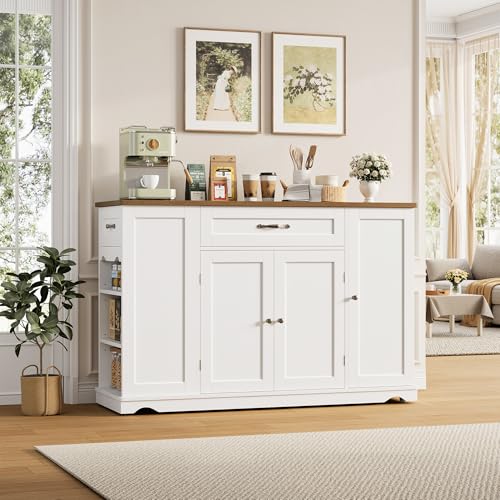 HOSTACK 47" W Kitchen Island Cart with Storage, Rolling Island Table, White | Mobile Kitchen Storage Islands on Wheels with 2 Drawers, Adjustable Shelves, Movable Buffet Cabinet for Dining room - style: White + Rustic Brown