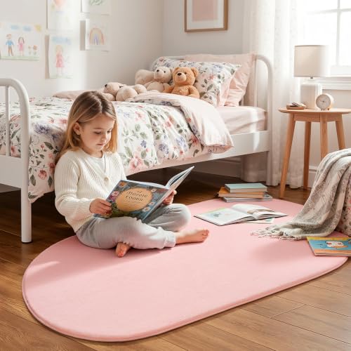 Soft Oval Rugs for Bedroom, 2.6 x 5.3 Pink Bedroom Bedside Rug | Thickened Memory Foam Rug with Upgraded Non-Slip Silicone Backing, Fluffy Washable Rug for Boys Girls Dorm Nursery Room Decor - color: Pink, size: 2.6' x 5.3' (Oval)