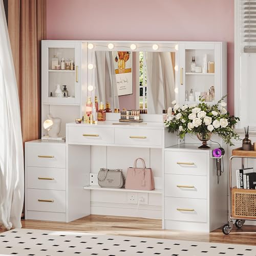 TOKSOM 58.3”Vanity Desk with Mirror and Charging Station, Bedroom Dressing Table, Large Vanity Set, 8 Drawers and 2 Cabinets, Makeup Vanity Table with Charging Station, Without Lights - size: 58.3 inch, style: Modern White