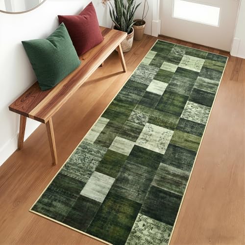 Runner Rug for for Hallways, 2'x6' Washable Kitchen Rugs with Non Slip Rubber Backing, Soft Low Pile Non-Shedding Geometric Carpet for Laundry Bedroom Bathroom, Green - color: Green, size: 2 Ft X 6 Ft