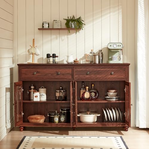 Joaxswe Farmhouse Sideboard Buffet Cabinet with Storage,59" Large Credenza with 4 Glass Doors & 2 Drawers,Adjustable Shelves Console Table,Wood Kitchen Coffee Bar for Dining Room,Living Room,Brown