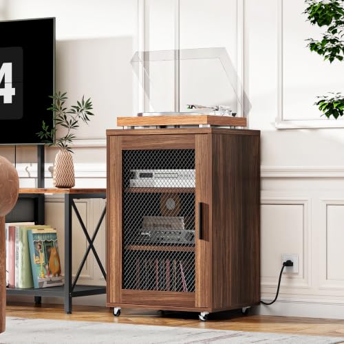 Media Cabinet with Charging Station, Stereo Cabinet with Wheels, Audio-Video Media Stand with Adjustable Shelves and Mesh Door, AV Rack for Living Room, Home Theater, Walnut MBZ23UHT