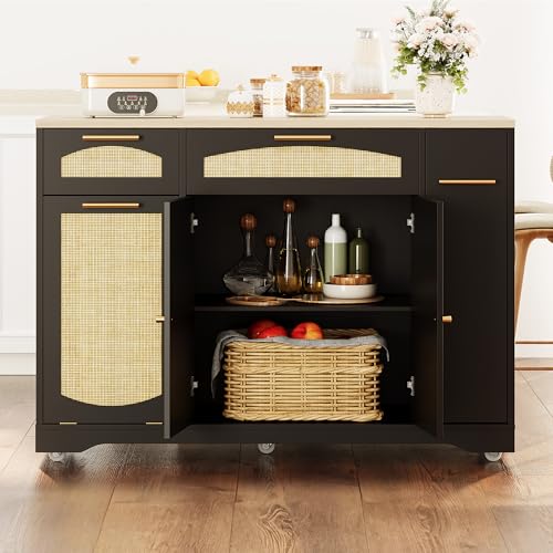 Garvee Rolling Kitchen Island Table on Wheels with Drop Leaf, Tilt Out Trash Can Cabinet, Storage Cabinet, Drawer, Spice Rack, Kitchen Cart, 53.1" Wide, Black - color: Black