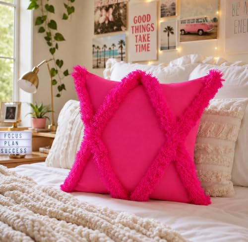 WWW.THROWPILLOW.IN Fuchsia Pink Decorative Throw Pillow Cover with Plush Diamond Trellis Trim, Feminine Preppy Accent Cushion Cover for Dorm Room,& Chic Home Décor Square Sofa Cushion 12x12 Inches