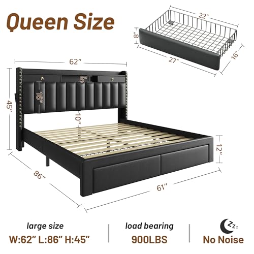 CypBed Queen Bed Frame with Headboard & 4 Storage Drawers & Black | Upholstered Platform Bed Frame with 3 USB & Type-C Charging Ports,Solid Wood Slats,No Box Spring Needed, No-Noise - color: Black, size: Queen