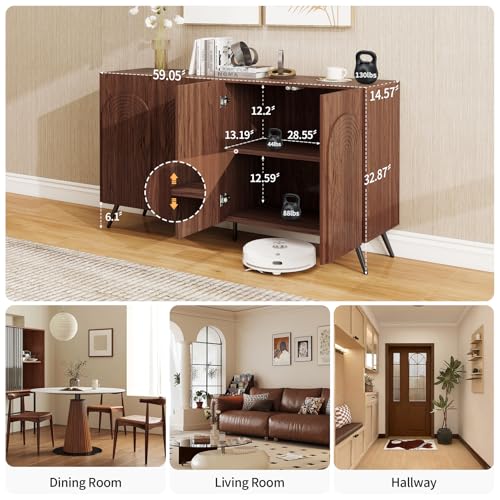 59.05" Sideboard Buffet Cabinet with Storage, Carved 4 Doors Accent Cabinet with Adjustable Shelf, Credenzas for Living Room, Kitchen, Dining Room(Walnut) - color: Walnut-4 Door