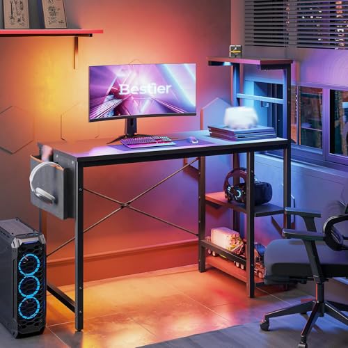 Bestier Gaming Desk with LED Lights, 44 Inch PC Gamer Desk for Small Spaces, Computer Desk with Reversible Storage Shelves & Side Storage Bag (Black Grained) - color: Black Grained, size: 44 Inch