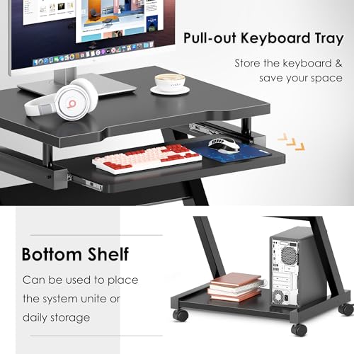 sogesfurniture Mobile Computer Desk with Pull-Out Keyboard Tray & Wheels | Modern Compact Rolling Workstation for Home Office, Small Portable Space Saving Laptop Table, 23.6"L x 18.9"W x 28.7"H, Black - color: Black