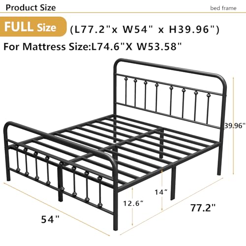 Vengarus Full Metal Bed Frame with Victorian Headboard & Footboard, Black | 14" Full Metal Platform Frame, Heavy Duty Steel Slat Support, Noise Free, No Box Spring Needed, Easy Disassembly & Transport - size: Full