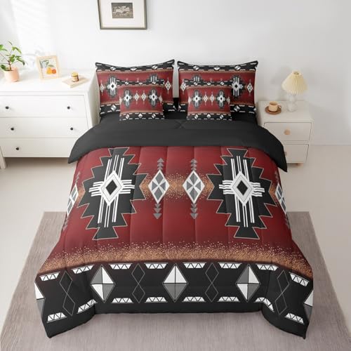 Erosebridal Rustic Western King Bedding Set 7 Piece, Southwestern Aztec Sheet Sets for Boys Teens Men Bedroom, Exotic American Native Comforter Set Vintage Bohemian Geometric Bed in A Bag, Red Black - color: Red Grey Black, size: King
