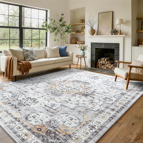 8x10 Area Rugs for Living Room Bedroom Vintage Washable Rug Yellow and Grey | Soft Low-Pile Stain Resistant Large Indoor Carpet With Non Slip Backing for Dining Room Nursery,Thin,Foldable,Home Decor - color: 25f01-yellow Grey, size: 8' x 10' (Rectangular)