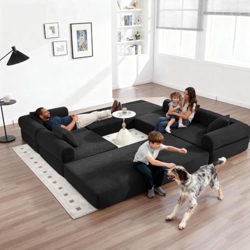 L-Shape Modular Sectional Sofa Bed, Corduroy Boneless Couch, Black | Boneless Couches for Living Room, Sleeper Futon Sofa Bed, Modular Couch with Storage, Pull Out Couch, No Assembly Required - color: Black