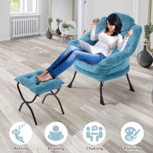 Lazy Chair with Folding Ottoman,Leisure Sofa Chair,Soft Fabric Armchair with Armrests and Side Pockets, Reading Chair with Footrest for Living Room, Bedroom, Office (Plush Blue) - color: Plush Blue