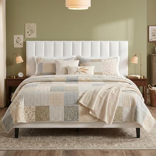 Garvee Queen Size Platform Bed Frame with Upholstered Headboard, White | Fully Velvet Upholstered Mattress Foundation with Height Adjustable Headboard, No Box Spring Needed, Easy Assembly - color: White, size: Queen