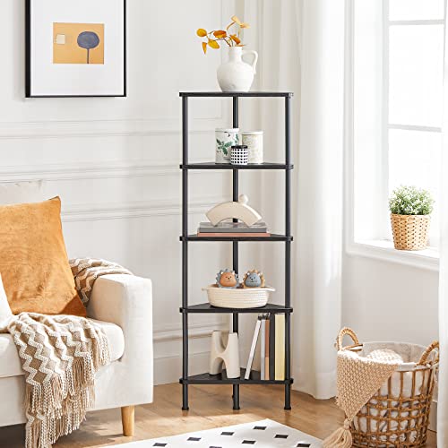HOOBRO Corner Shelf Stand, Industrial 5-Tier Wall Corner Bookshelf with Metal Frame, Plant Display Shelf, Bookcase for Small Spaces, Bedroom, Living Room, Black BK33CJ01 - color: Black, size: 11.8"L x 11.8"W x 45.3"H