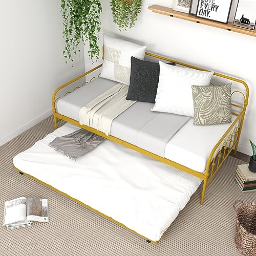 Giantex Twin Daybed with Trundle Gold, Metal Day Bed with Convenient Pull-Out Trundle Bed, Metal Slats, Lockable Universal Wheels, 2-in-1 Daybed Bed Frame for Guest Room, Living Room, Bedroom
