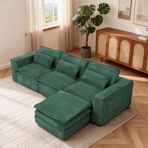 109" L Shape Modular Sectional Sofa with Ottoman, Boneless Couch Three-Layer Deep 3 Seat Convertible Pull Out Sofa Bed Sleeper for Living Room No Assembly 109" L-Green - size: 109"L