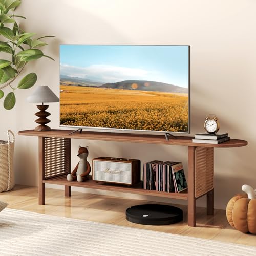 HollyHOME Bamboo TV Stand with Storage for TVs up to 65", Modern Entertainment Center with Rattan Side, Accent TV Table with 2 Shelf, Media Console TV Stand for Living Room, Bedroom, Walnut - color: Walnut Rattan Side
