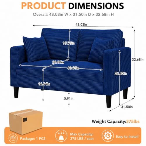 48 "Loveseat Couches,Small Love Seat Sofa with Pillows for Small Spaces,Comfy Corduroy Sofas w/ Wood Frame,Tool-Free Setup Compact Futon Couch for Apartment,Dorm,Office,Settee (Blue, 2-Seater) - color: Blue, size: 2-Seater