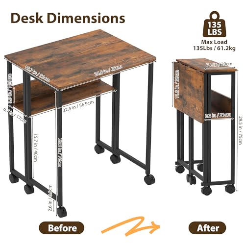 Folding Desk Small Rolling Desk with Storage Shelf,24.8 Inch Foldable Computer Table with Wheels,Portable Office Desk for Small Space Sofa Table,Easy to Fold,Writing Work Office Computer Desk,Walnut - color: 24.8“ Walnut