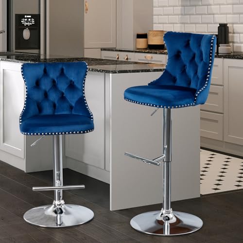 Velvet Bar Stool Set of 2, Adjustable Swivel Bar Stools with Silver Plated Metal Leg, Button Tufted, Footrest, Chrome Nailhead, Counter Height Chair for Kitchen, Bar, Dining Room (Blue) - color: Blue-silver Leg, size: Set of 2